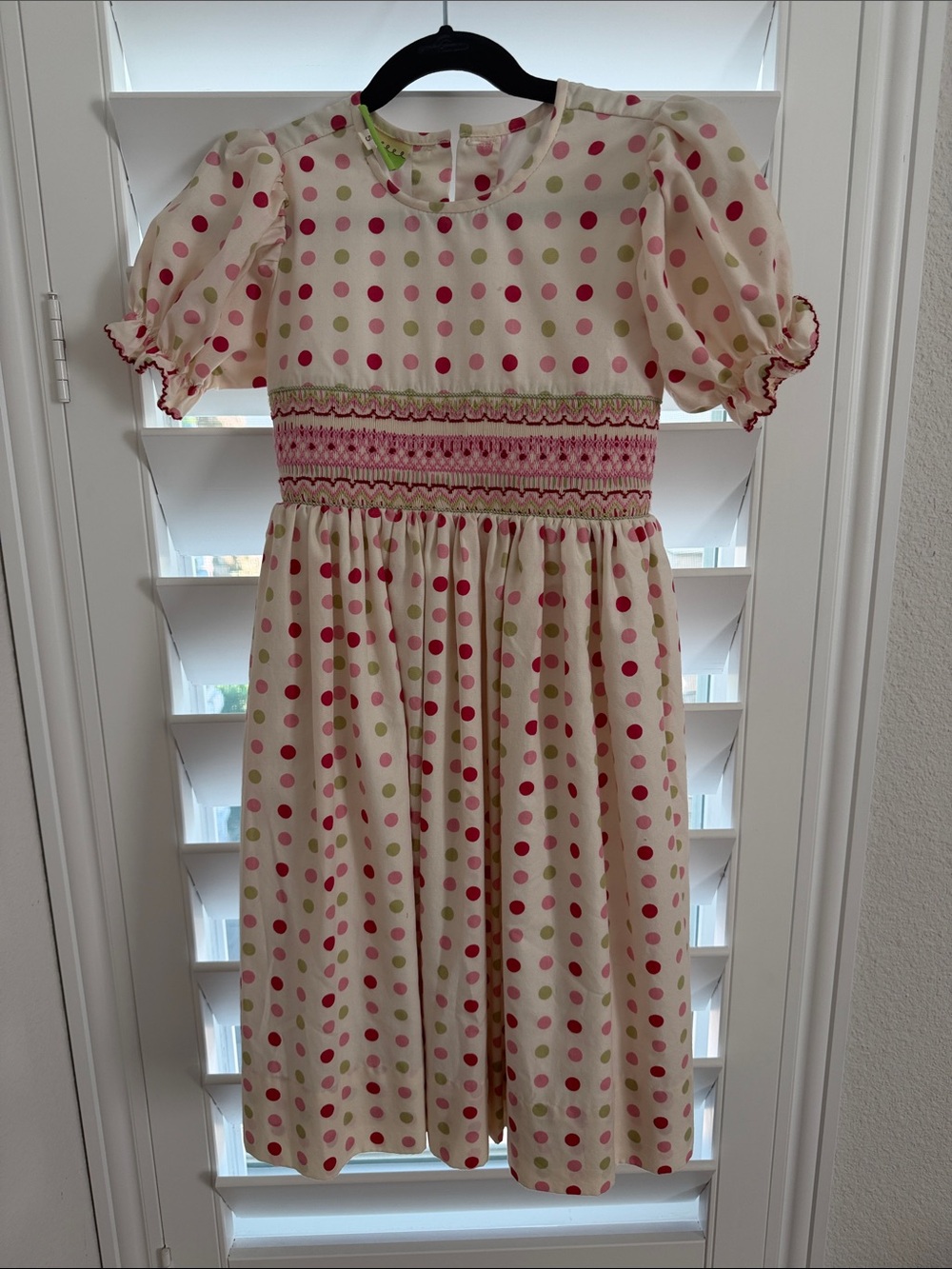 Girls Cream Polka Dot Smocked Waist Dress in Pink & Green